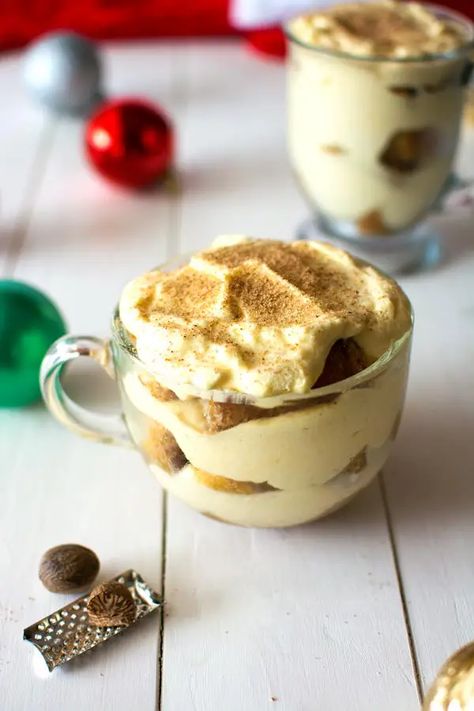 Eggnog Tiramisu, Individual Tiramisu, Tiramisu Trifle, Holiday Eggnog, Italian Tiramisu, Eggnog Recipes, Lunch Buffet, Holiday Sweets, Eggnog Recipe