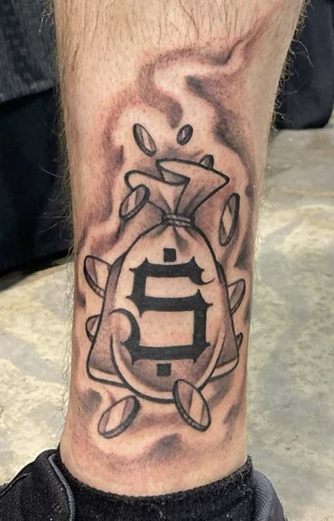 Money Bag Hand Tattoo, Narco Tattoos, Trap House Tattoo, Doughboy Tattoo, All Money In Tattoo, Money Bag Tattoo Design, Money Hungry Tattoo, Moneybag Tattoos, Money Tattoo Designs