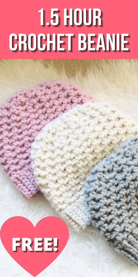 Try this quick beanie pattern that takes only one skein of chunky yarn and works up in one and a half hours. This easy free pattern has an effortless texture perfect for beginners. The tutorial includes sizes for Toddlers, Kids, and Women. #crochetbeanie, #crochethatpattern, #crochetbeaniehat, #crochetbeanietutorials, #crochetbeaniekids, #diybeanie, #crochetbeaniefreepattern Crochet Beanie Free Pattern, Messy Bun Hats, Ponytail Hats, Beanie Pattern Free, Crochet Beanie Pattern Free, Crochet Hat For Beginners, Chemo Hats, Crochet Baby Hat Patterns, Easy Crochet Hat