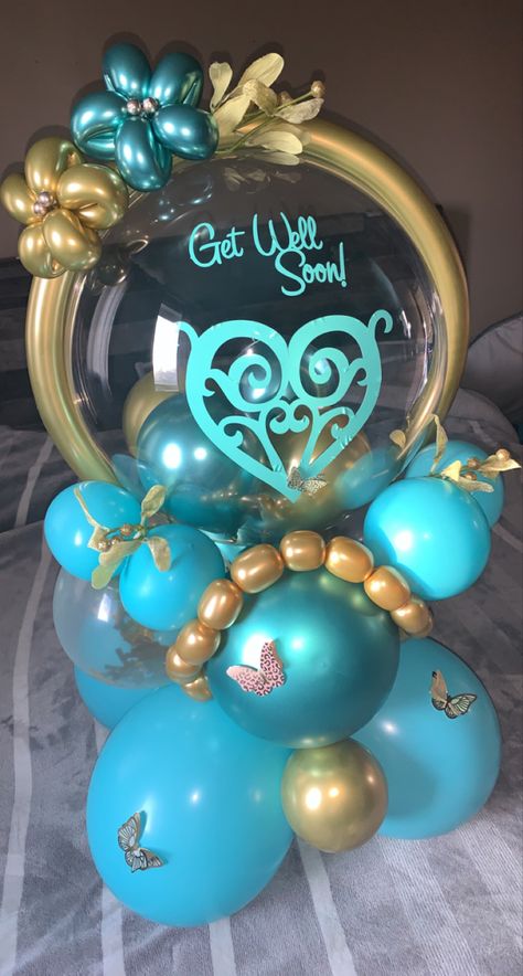 Teal Balloon Bouquet, Get Well Soon Balloons Bouquet, Get Well Soon Balloons, Gold Balloon Bouquet, Get Well Balloons, Teal Balloons, Bubble Balloons, Balloon Centerpieces, Gold Balloons