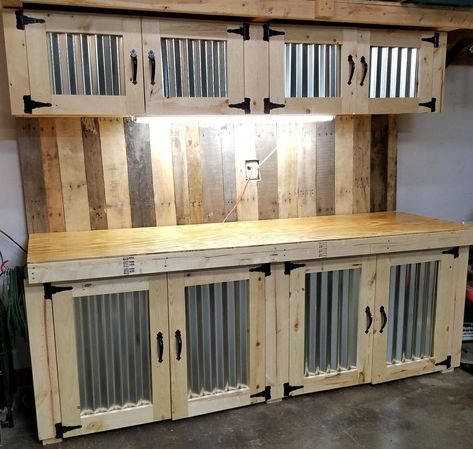 Cabinet Shop Organization Ideas, Man Cave Work Bench, Garage Restroom Ideas, Garage Work Bench With Doors, Basement Wood Shop, Rustic Garage Storage, Garage Rustic Interior, Rustic Garage Ideas Interior, Rustic Workshop Ideas