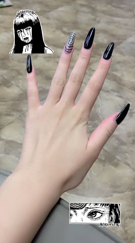 #alt #grunge #emo #goth #asian #junjiito #tomie #nails Tomie Inspired Nails, Grunge Gel Nails, Anime Inspo Nails, Tomie Nails, Anime Nails Aesthetic, Junji Ito Nails, Acubi Nails, Swaggy Nails, Wow Nails