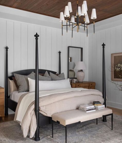 👀 I spy the Douglas Bed in this beautiful retreat c/o: @megbasinger⁠. 🛏️ What is your favorite detail?! Tell us in the comments! 🤍⁠ #paynesgray Primary Bedrooms, Sideboard Bar, Four Poster, Leather Rug, Dining Table With Bench, What Is Your Favorite, Black Bedding, Game Room Decor, I Spy