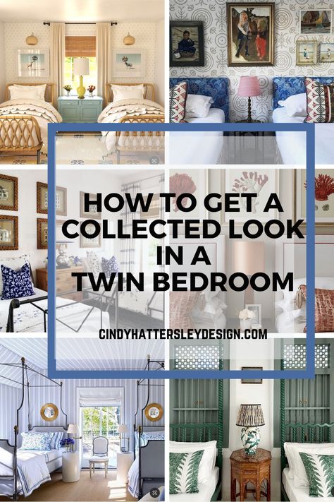 How to Get a Collected Look in a Twin Bedroom - Cindy Hattersley Design Four Twin Beds In One Room, Twin Bed Decorating Ideas Guest Room, Small Bedroom With Twin Bed Ideas, Kids Bedroom Twin Beds, Kids Guest Bedroom Ideas, Twin Beds Pushed Together Room Ideas, Twin Bed Arrangement Ideas, Twin Bed Wall Decor, Coastal Twin Bedroom