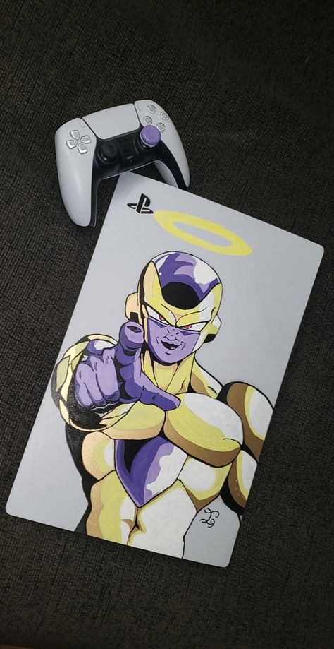 Drew this on my PS5 plate in tribute to Chris Ayres, Frieza's voice actor. R.I.P. 🕯 Ps5 Painting Ideas, Custom Ps5, Golden Frieza, Airbrush Designs, Study Room Decor, Plate Art, Easy Diy Art, Anime Quotes, Voice Actor