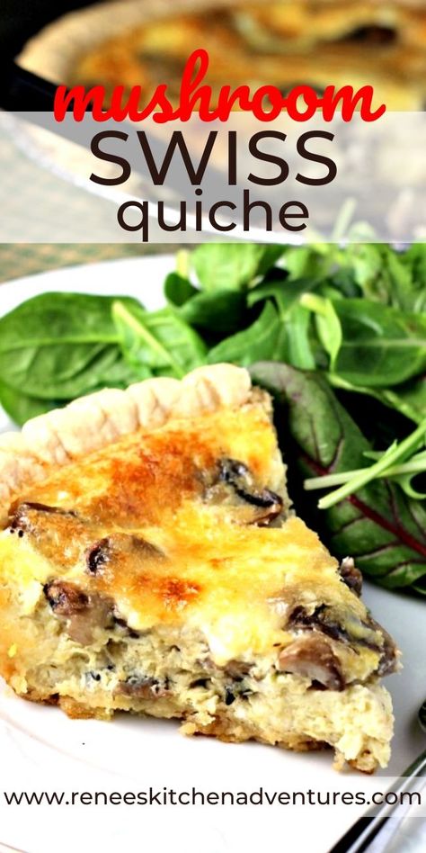 Mushroom Swiss Quiche by Renee's Kitchen Adventures is a quick and easy vegetarian quiche recipe perfect for breakfast, brunch, lunch and a light dinner. So delicious you won't even remember you skipped the meat! #RKArecipes #mushroomquiche #quicherecipes Mushroom Swiss Quiche, Mushroom Eggs, Swiss Quiche, Vegetarian Quiche Recipes, Vegetarian Quiche, Mushroom Quiche, Skip Breakfast, Yummy Veggies, Packed Breakfast