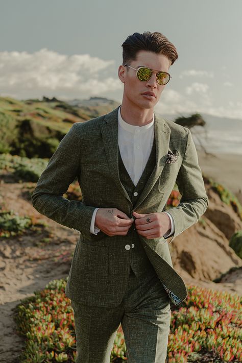 Boat Elopement, Olive Suit, Casual Wedding Suit, Linen Wedding Suit, Suit Photography, Green Suit Men, Green Wedding Suit, Wedding Tux, Mens Wedding Attire