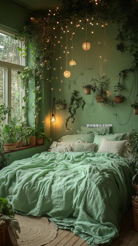 Sage Green Small Bedroom Ideas, Dark Olive Green Room Ideas Bedrooms, Dark Grey And Emerald Green Bedroom, Small Plant Bedroom Ideas, Forest Bedroom Ideas Cozy, Forest Green Bedding Aesthetic, Viridian Green Bedroom, Forest Green Room Ideas Bedroom Aesthetic, Leafy Bedroom Ideas