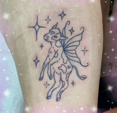 Cow With Fairy Wings Tattoo, Fairy Cow Tattoo, Fairy Animal Tattoo, Cancerian Tattoo, Fairy Wing Tattoos, Bestie Tattoos, Cow Tattoo, Bestie Tattoo, Red Tattoos