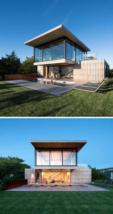 The steel structure of this home allows the upper living level to cantilever out and provides shade to the lower level. Steel Structure House Design, Cement Backyard, Dubai Living, Bates Masi, Home Container, Delta House, House In New York, Garage Guest House, Human Environment