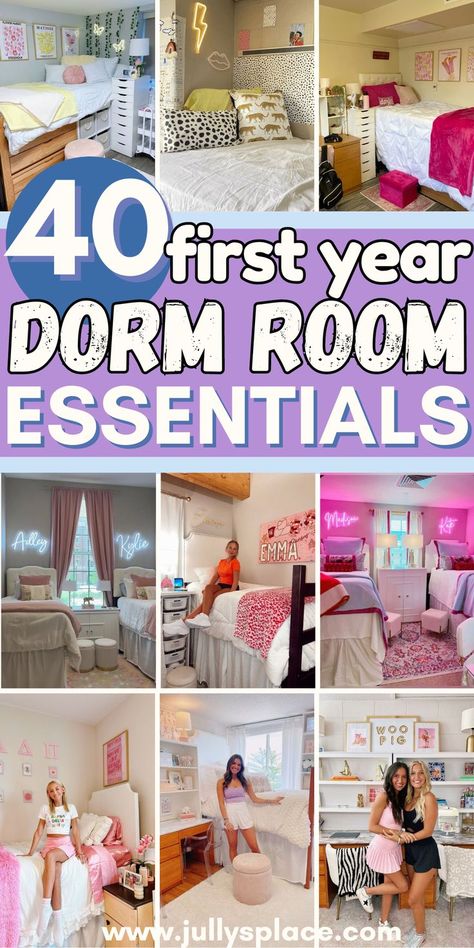 freshman dorm room, college dorm room, first year dorm room essentials, dorm room ideas Uab Dorm Room Ideas, Dorm Room Ideas For Girls College 2024, Dorm Furniture Arrangement, Dorm Room Essentials List Freshman Year, Decorating Dorm Rooms, Dorm Room Snacks Storage, Ole Miss Dorm Room Ideas, Unique Dorm Room Ideas, Lights For Dorm Room