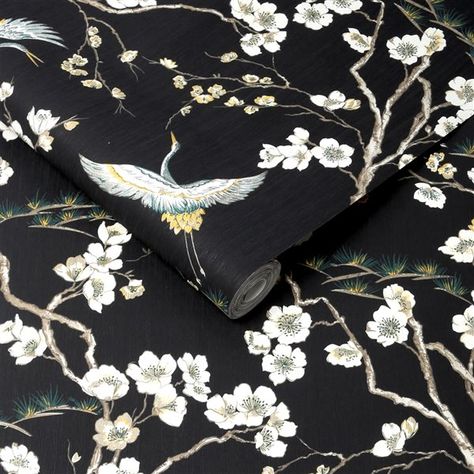 Graham & Brown Kabuki Non-Woven Textured Birds Wallpaper - Unpasted/Paste the wall - 56-sq. ft - Black 105984 | RONA 8k Resolution Wallpapers, Matte Black Background, Inspired Wallpaper, Crane Bird, Graham & Brown, Bird Wallpaper, Surround Yourself, Wallpaper Online, Geometric Wallpaper