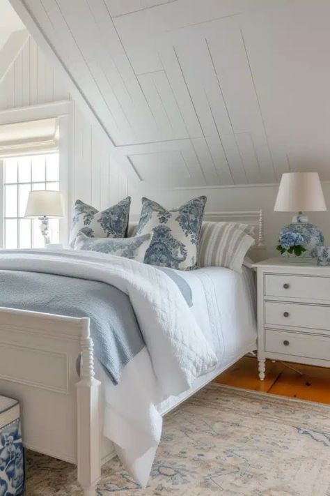 25 Charming Cape Cod Upstairs Bedroom Ideas to Inspire You Cape Cod Interior Design Bedroom, Cape Cod Room Ideas Bedrooms, Cape Cod Design, Attic Bedroom Ideas Angled Ceilings Cape Cod, Cape Cod Dormer Bedroom, Bedroom Ideas Cape Cod, Cape Cod Bedroom Ideas, Coastal Cottage Bedroom Cape Cod, Cape Cod Upstairs Bedroom Master Suite