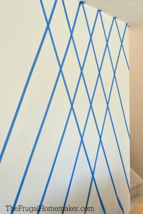 How to paint a Diamond Accent Wall with ScotchBlue tape How To Paint Diamond Pattern, Wall Patterns With Paint Bedroom, How To Paint A Geometric Accent Wall, Accent Wall With Painters Tape Patterns, Accent Wall Using Tape And Paint, Chevron Wall Paint, Paint Feature Wall Ideas, Wall Painting With Tape Design, Painting Patterns On Walls