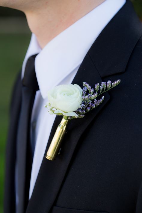 Bullet Casing Boutonniere, Bullet Boutonniere, Purple Calla Lilies Wedding, Boutineer Wedding, Boutonniere Ideas, Ranunculus Wedding, Button Holes Wedding, Rustic Modern Wedding, Rustic Wedding Bouquet