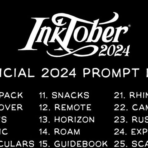 Inktober on Instagram: "The Inktober 2024 prompt list is HERE!!!   Are you ready for this?? We thought we’d try having a little bit of a theme to the prompts this year. Hopefully this inspires your creativity in a different way than years past. We are so excited to see what this community creates this time!  Inktober Tip: Get a friend to do the challenge with you. We find that when you have an accountability partner you’re more likely to finish what you start. Tag your drawing buddy in the comments!  #inktober #inktober2024 #inktober52 #ink #art #inkwork #comics #blackandwhite #sketch #design #inking #inkwork #doodle #creative #artist #characterdesign #inkdrawings #inkart #inkartist" Art Challenges To Do With Friends, Inktober 2024 List, Guidebook Inktober, Discover Inktober, Artober 2024, Challenged To Do With Friends, Inktober Ideas, Senior Crafts, Inktober 2023