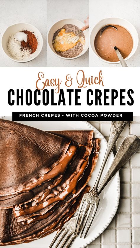 Indulge in these delightful French chocolate crepe recipe flavored with only cocoa powder, offering a soft and light texture that pairs perfectly with your favorite fillings like Nutella, fruit jam, whipped cream and more. These delicious chocolate crepes turn all your desserts, breakfasts and snacks into delicious desserts. Chocolate Crepe Recipe, Fall Crepes Recipe, Chocolate Filled Crepes, Crepe Filling Ideas Sweet, Crepe Recipe Filling, Chocolate Crepes Recipe, Fruit Crepes, French Crepe Recipe, Homemade Crepes