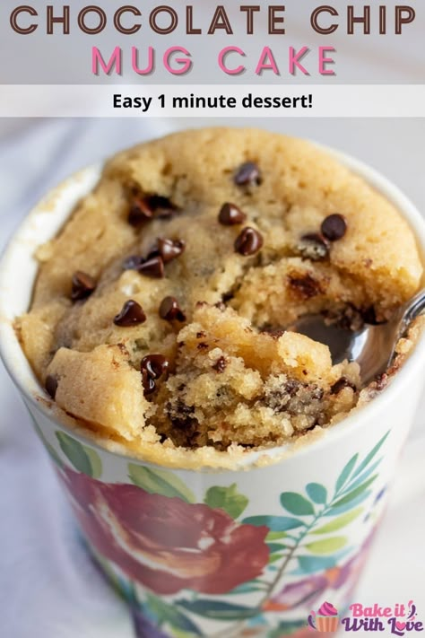 This fluffy, warm chocolate chip mug cake bakes in the microwave and has all the decadence you want from a dessert in a single serving! #bakeitwithlove #mugcake #1minutedessert #chocolatechip #easydessert #recipe White Chocolate Chip Mug Cake, Cup In A Mug Microwave Cake, Best Cake In A Mug Recipes, Easy Cake In A Mug Recipes, How To Make A Microwave Cake, Best Cookie In A Mug Recipe, Easy Desserts With Few Ingredients Microwave, Personal Mug Cake, Simple Dessert For One