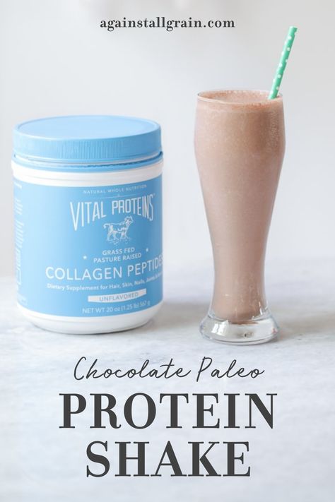 on the left is a container of Vital Proteins Collagen Peptides. on the right is a tall, shake glass filled with chocolate paleo protein shake with a straw. Vital Protein Chocolate Recipes, Paleo Protein Smoothie, Collagen Powder Recipes Protein Shakes, Vital Proteins Collagen Smoothie Recipes, Collagen Shake Recipe, Whole 30 Protein Shake, Recipes With Chocolate Collagen Powder, Protein Shake With Collagen, Keto Collagen Smoothie