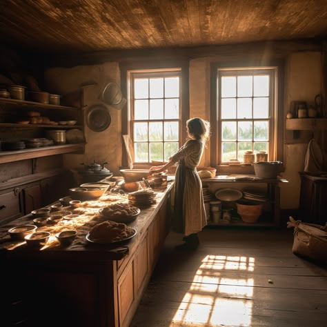 House Keeper Aesthetic, Innkeeper Aesthetic, Fantasy Cooking Aesthetic, Cozy Medieval Aesthetic, Outlander Home Aesthetic, 1850s Kitchen, 1890s Kitchen, Medieval Peasant Home, Medieval Homestead