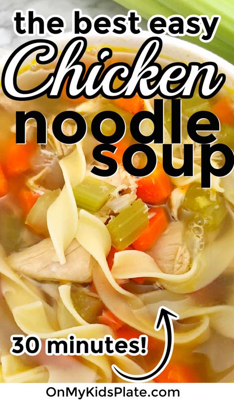 Chicken Noodle Soup is made 100% from scratch, with chunky vegetables, herbs, and a cozy broth, just like Grandma used to make! #chicken #chickenrecipes #chickensoup #homemade #semihomemade #souprecipes #chickennoodle Chicken Noodle Soup With Homemade Noodle, Chicken Noodle Soup Recipe Rotisserie, Chicken Broth Noodle Soup, Chicken Noodle Soup Homemade Stove Top, Easy Chicken Noodle Soup Stovetop, Quick And Easy Chicken Noodle Soup, Stovetop Chicken Noodle Soup Easy, Chicken Noodle Soup With Rotisserie Easy, Quick Chicken Noodle Soup Easy