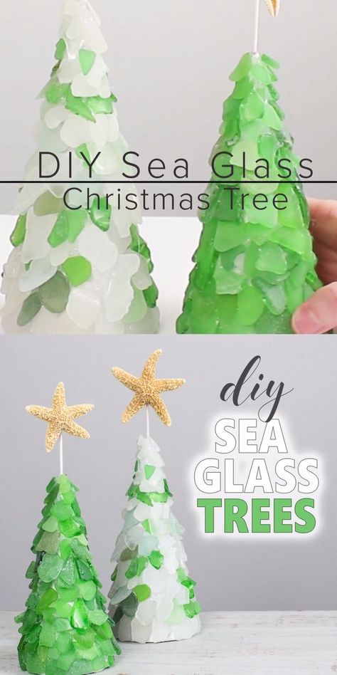 Looking for a way to display your sea glass collection? Consider making a beautiful DIY sea glass Christmas tree topped with pretty starfish ornament. Sea Glass Christmas Trees, Seaglass Crafts, Seaglass Christmas, Mosaic Sea, Glass Christmas Trees, Sea Glass Christmas Tree, Sea Glass Diy, Sea Glass Christmas, Sea Glass Art Diy