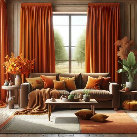 brown couch and burnt orange curtains Green And Burnt Orange Living Room, Burnt Orange Dining Room, Orange Curtains Living Room, Maroon Curtains, Olive Green Curtains, Burnt Orange Curtains, Orange Dining Room, Burnt Orange Living Room, Curtain Colors