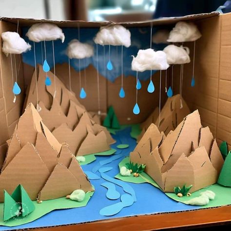 Construction Paper Mountains, Cardboard Mountains Diy, Habitats Projects For Kids, Water Cycle Diorama, Biome Project Ideas, Mountain Crafts For Kids, Rainy Mountains, Water Cycle Craft, Water Cycle Project