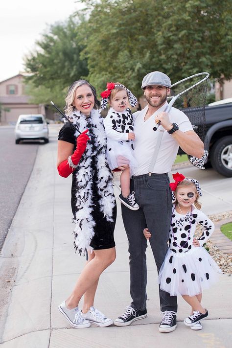 101 Dalmatians Family Halloween Costume | Cruela De Vil and Dalmatians Costume | Halloween Family Costume Halloween Costume Ideas For Family Of Four, Family Cruella Halloween Costumes, Dalmatians Family Costume, 101 Dalmations Halloween Costume Family, 101 Dalmations Costume Family Diy, Family Dalmation Costume, 101 Dalmations Halloween Costumes, 100 And 1 Dalmations Costume, Cruelly Deville Family Costume