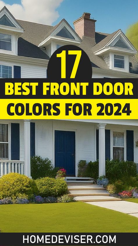 17 Best Front Door Colors for 2024! Make a statement with your front door in 2024! Explore these 17 beautiful front door paint colors to find the perfect hue that reflects your style and creates a warm welcome for your guests. Colors For Shutters And Front Door, Colour Front Door, Color Pop Front Door, Front Door Color With Black Shutters, Front Door And Shutters Colors Ideas, Door Color On White House, Front Door Appeal, Door Paint Color Ideas, Wood Color Front Door