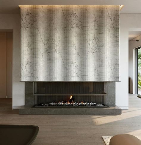 Liaigre Interior, Feature Wall Cladding, Sofa Area, Contemporary Fireplace Designs, Panoramic Windows, Family Communication, Linear Fireplace, Concrete Fireplace, Living Room Decor Fireplace