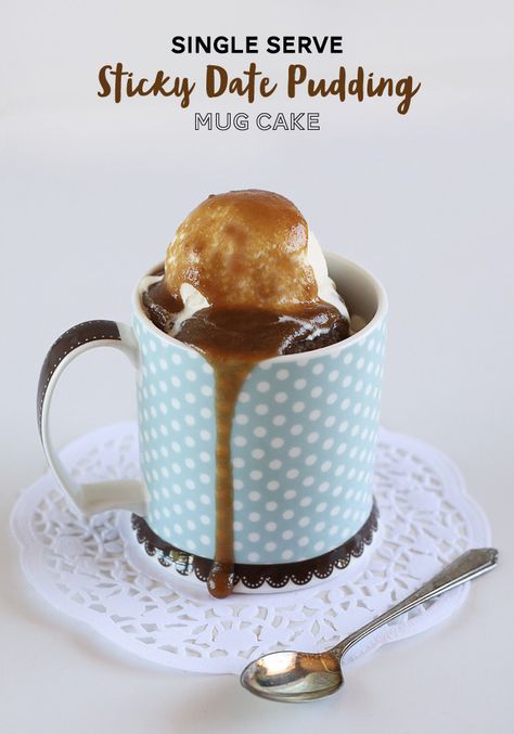 Single Serve Sticky Date Pudding Mug Cake - Love Swah Microwave Mug Cakes, Microwave Mug Recipes, Sticky Pudding, Microwave Mug, Sticky Date, Sticky Date Pudding, Date Pudding, Mug Cake Microwave, Date Cake