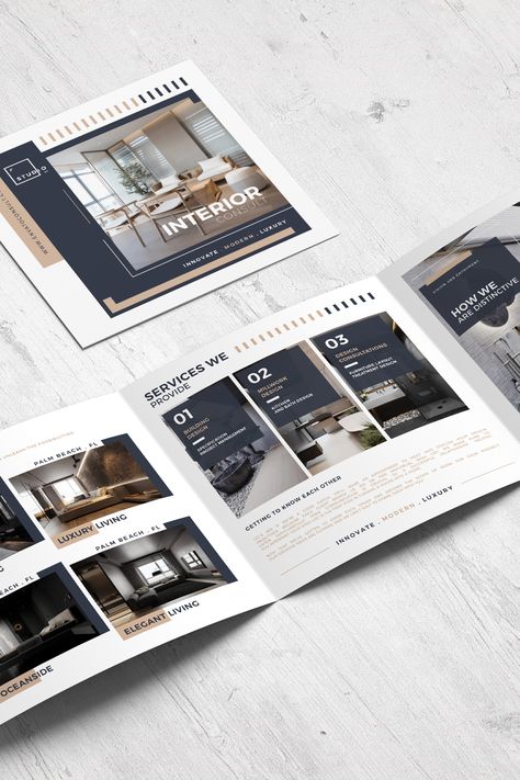 Pamplet Layout Design For Interior Design, Sales Brochure Design Inspiration, Home Brochure Design, Interior Designer Brochure, Interior Catalog Design Layout, Interior Design Brochure Ideas, Interior Design Leaflet, Square Brochure Design Layout, Interior Design Booklet