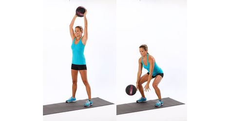 Stand with your feet shoulder width apart, with a 10-pound medicine ball on the floor in front of you. Squat down and pick up the medicine ball, keeping your Standing Core Exercises, Slam Ball, Ball Workouts, Medicine Ball Workout, Standing Ab Exercises, Pop Sugar, Oblique Crunches, Happy In Love, Exercise Video