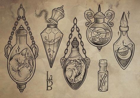 Witchy Bottles Drawing, Vile Tattoo Design, Gothic Potion Bottle Tattoo, Witchy Bottle Tattoo, Witch Potion Tattoo, Witch Bottles Drawing, Witch Tattoo Filler, Potion Bottle Sketch, Spell Jar Tattoo Design