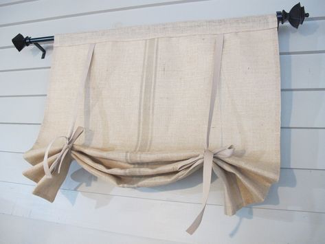 "To see ALL my custom window treatments: https://www.etsy.com/shop/BettyandBabs Modern Farmhouse styling - this NATURAL burlap window shade is embellished with PAINTED stripes that mimic the woven stripes of old French textiles. The shade shown is 36\" wide and fully open is 36\" long. Shade can be rolled up or folded into pleats. All shade in this listing will be 48\" LONG.  STRIPES are HAND-PAINTED in Tan for a tone-on-tone look. This shade is fully lined with muslin cotton. Custom widths are Swedish Blinds, Bohemian Kitchen Curtains, Door Drapes, Magnetic Curtain Rods, Farmhouse Kitchen Curtains, French Textiles, Farmhouse Styling, Tie Up Valance, Tie Up Shades