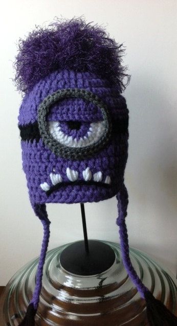 Evil Minion - Despicable Me  - Purple Minion Crochet Hat |  Inspiration only, this isn't a pattern-only an item for sale. Minion Girl, Evil Minion, Minion Crochet Hat, Purple Minion, Crochet Minion, Minion Hat, Ashley Walters, Purple Minions, Purple Monster