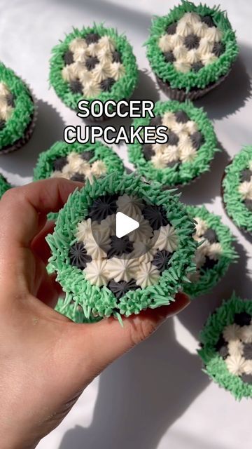 Alex LaRosa on Instagram: "Soccer Cupcakes ⚽️  ✨use tip 32 filled with black to add one center plate dollop & 5 around it  ✨use tip 32 filled with white to add white circles all around the black  ✨use grass tip 233 to create grass around the soccer ball  Supplies @nycake Piping tips @wiltoncakes l Colors @colour.mill  .  . . . . . #alexlarosabakery #soccercupcakes #soccerballcupcakes #colourmillmade #sportscupcakes #olympiccupcakes" Soccer Birthday Party Ideas For Boys, Soccer Desserts, Football Cupcakes Soccer, Soccer Cupcake Ideas, Soccer Ball Cupcakes, Soccer Theme Birthday Party Decorations Dessert Tables, Soccer Party Food, Cupcake Soccer Ball, Soccer Treats