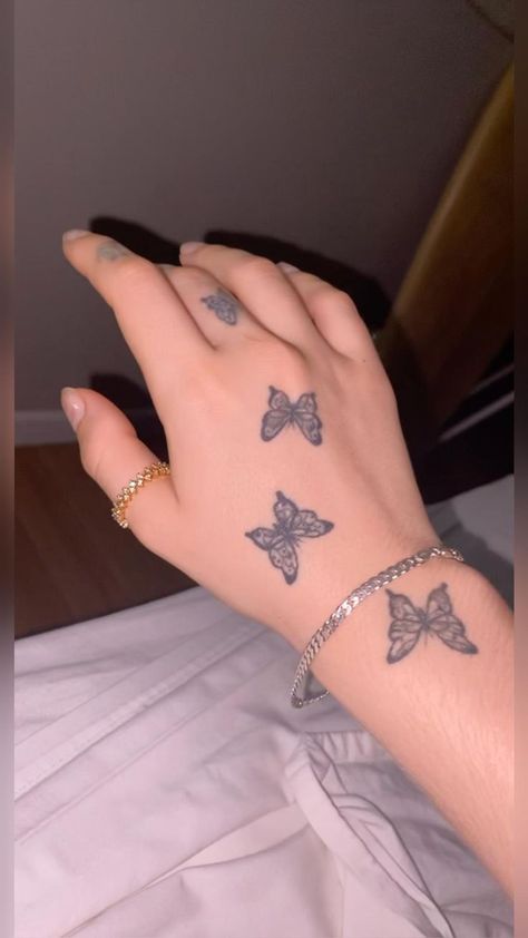 Fairy Princess Tattoo, Matching Thumb Tattoos, Butterflies Hand Tattoo, Hand Butterfly Tattoo, Butterfly On Hand, Butterfly Tattoo On Hand, Butterfly Tats, Butterfly Fairies, Small Dope Tattoos