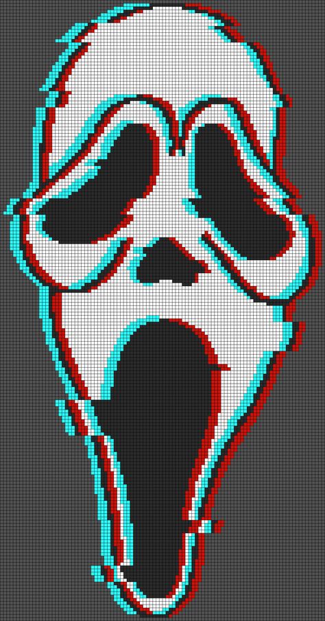 Horror Movie Graphgan, Ghost Face Grid Pattern, Ghostface Pixel Art Grid, Ghost Face Cross Stitch, Horror Movie Alpha Patterns, Crochet Grid Patterns Horror, Ghostface Cross Stitch, Ghost Face Alpha Pattern, Scream Alpha Pattern