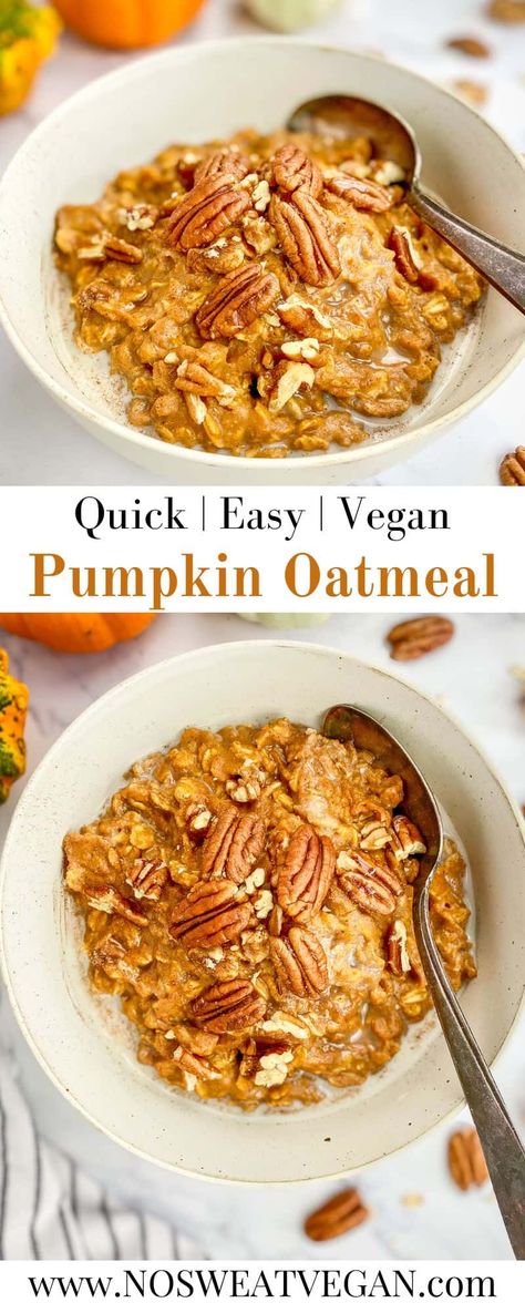 Vegan Pumpkin Oatmeal is a super quick and delicious vegan breakfast that's full of pumpkin spice flavor and perfect for getting you into the fall spirit! This cozy and filling dish takes less than 10 minutes. Plus, it's a great way to use up extra canned pumpkin! Vegan Pumpkin Oatmeal, Easy Pumpkin Oatmeal, Healthy Fall Breakfast, Pumpkin Pie Oatmeal, Healthy Breakfast Snacks, Vegan Pumpkin Spice, Vegan Granola, Vegan Pumpkin Recipes, Better Breakfast