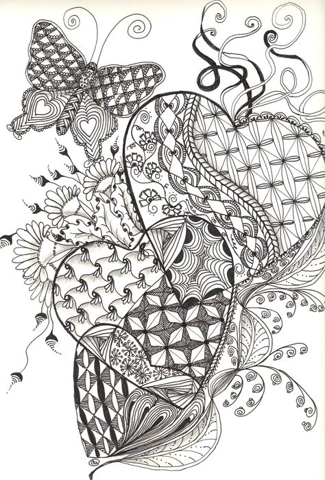 Kleurplaten Abstract Butterfly, Heart Coloring Pages, Zen Tangle, Zentangle Designs, Tangle Art, White Drawing, Printable Adult Coloring Pages, Adult Coloring Book Pages, Tangle Patterns