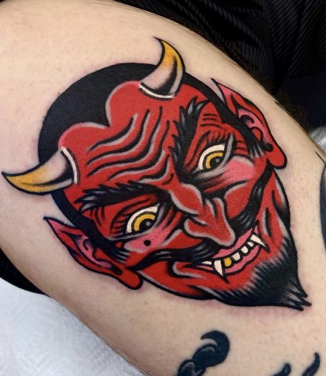 TRADITIONAL DEVIL HEAD TATTOO Tattoo Devil, Tato Tradisional, Devil Face, Traditional Tattoo Inspiration, Army Tattoos, 13 Tattoos, Devil Tattoo, Traditional Tattoo Sleeve, Traditional Tattoo Design