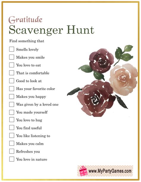 Scavenger Hunt For Womens Ministry, Nursing Home Scavenger Hunt, Gratitude Party Ideas, Lds Spiritual Scavenger Hunt, Gratitude Scavenger Hunt For Adults, Service Scavenger Hunt Young Women, Gratitude Nature Scavenger Hunt, Activity Days Gratitude, Gratitude Scavenger Hunt