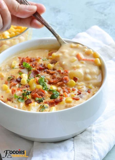 Corn Bacon Chowder, Corn Chowder Instant Pot, Creamy Chicken Corn Chowder, Chicken Corn Chowder Recipe, Corn Chowder Soup, Bacon Corn Chowder, Bacon Corn, Bacon Chowder, Chicken Corn Chowder