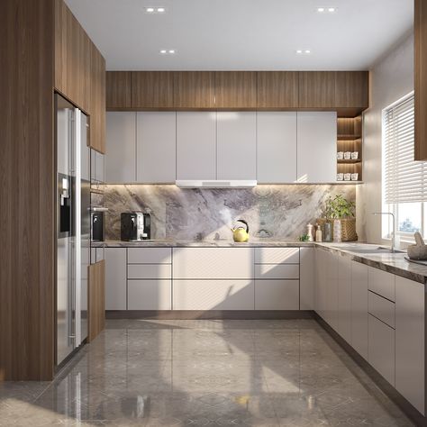 Closed Kitchen Design, Kitchen Unit Designs, Latest Kitchen Designs, Kitchen Modular, White Counters, Modern Kitchen Cabinet Design, Gray Walls, Modern Kitchen Interiors, Kitchen Interior Design Decor