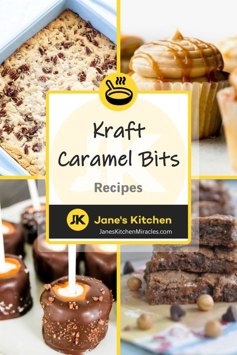 Kraft Caramel Bits in various dishes Kraft Caramel Bits Recipes, Caramel Bits Recipes, Kraft Caramel Bits, Caramel Brownies Recipe, Apple Cheesecake Bars, Ic Recipes, Caramel Treats, Caramel Apple Cake, How To Melt Caramel