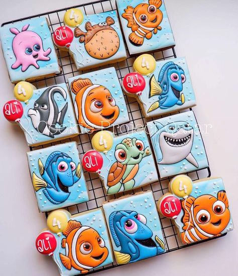 Finding Dory Cookies, Nemo Cookies Decorated, Finding Nemo Cookies Decorated, Finding Nemo Cookies, Nemo Cookies, 2024 Cookies, Book Cookies, Nemo Birthday Party, Finding Nemo Birthday