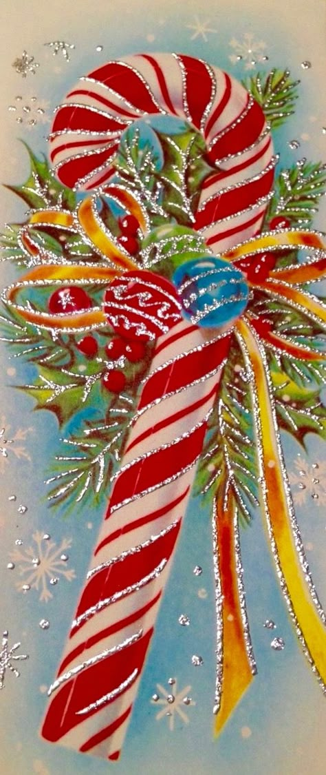 Vintage Candy Cane. Retro Christmas Card. Vintage Glitter Christmas Cards, Vintage Christmas Cards 1950s Retro, Candy Cane Painting, Vintage Christmas Cards 1950s, Old Time Christmas, Retro Christmas Cards, Vintage Holiday Cards, Vintage Christmas Images, 카드 디자인