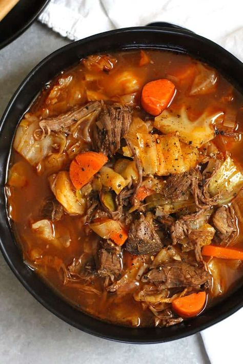 Roast With Cabbage Crock Pot, Recipes With Soup Bone, Healthy Steak Soup Recipes, Creamy Cabbage Soup Crockpot, Soup Recipes Vegetable Beef, Shredded Beef Vegetable Soup, Beef Shin Soup, Cabbage Soup With Pork, Soup With Shredded Beef